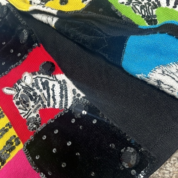 Vintage 1990s Zebra Sequin Rainbow Patchwork Teacher Granny Cardigan large - Picture 7 of 10